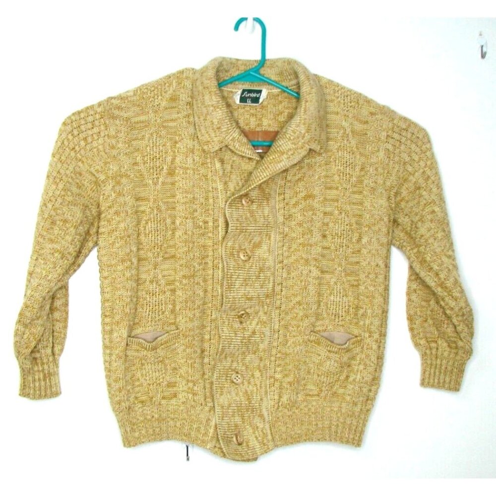 Vtg Sunbird LL Yellow Cable Knit Cardigan Sweater Size L Chest 48" Button Front